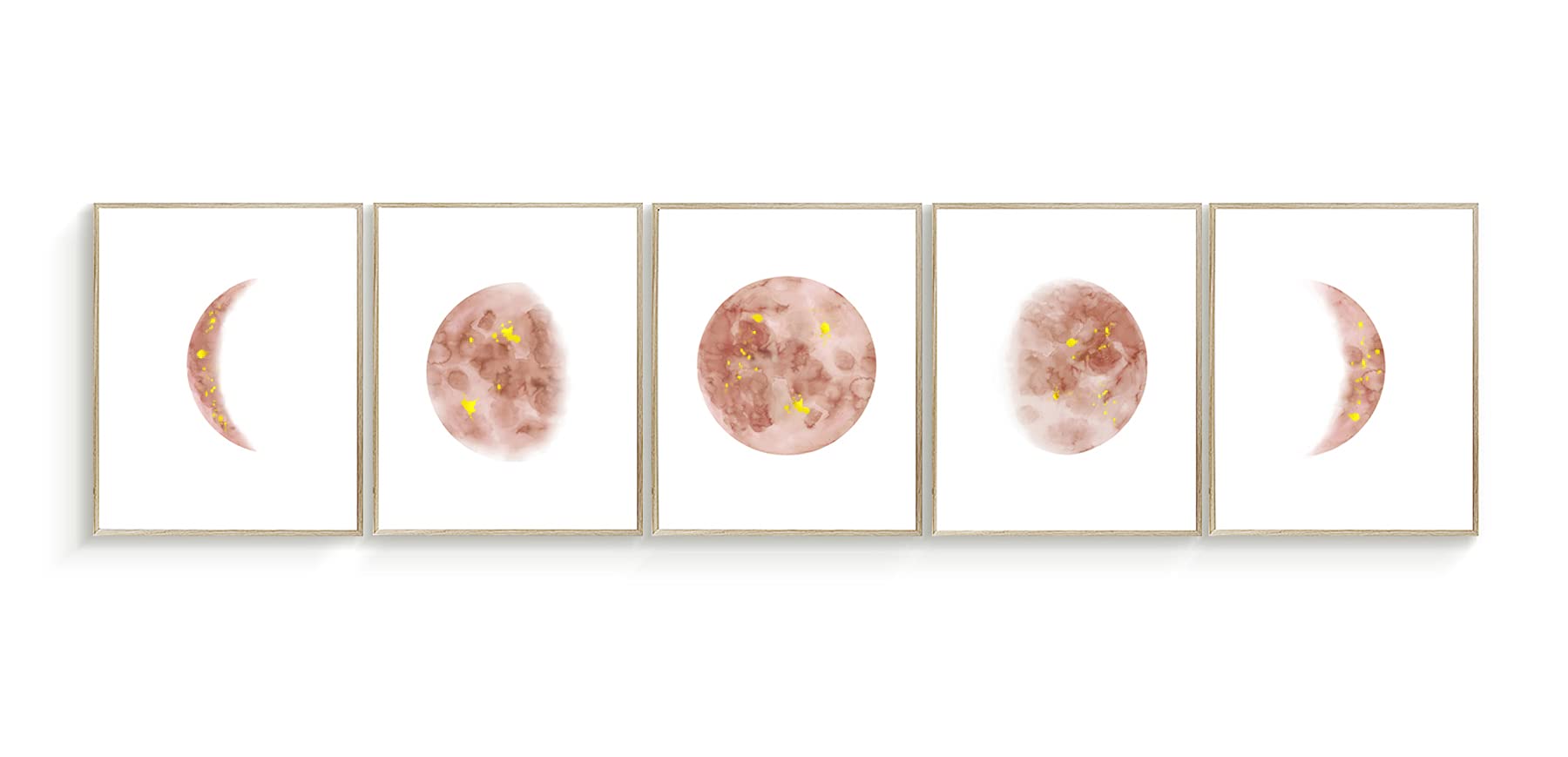 Copper Moon Phases Wall Art Print Bedroom Wall Decor Moon Art Set Of 5 Prints Copper Moon Decor Home Decor Unframed Prints (8x10 with gold drops)