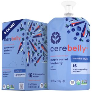 cerebelly baby food pouches stage 1 – purple carrot blueberry smoothie (pack of 6), organic fruit & veggie purees, great toddler snacks, 16 brain-supporting nutrients from superfoods, no added sugar