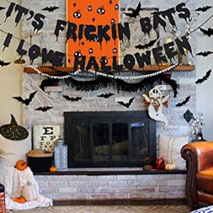 It's Frickin Bats I Love Halloween Banner Spooky Home Decor, Halloween Theme Party Decorations with 48 Pieces 3D Bats Wall Decor, Halloween Decoration Set for Home Party Fireplace Mantle Decor