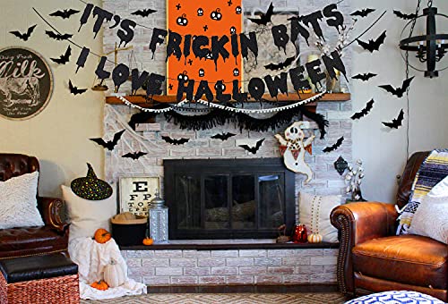 It's Frickin Bats I Love Halloween Banner Spooky Home Decor, Halloween Theme Party Decorations with 48 Pieces 3D Bats Wall Decor, Halloween Decoration Set for Home Party Fireplace Mantle Decor