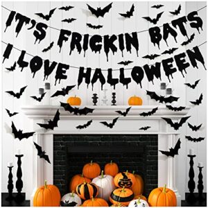 it's frickin bats i love halloween banner spooky home decor, halloween theme party decorations with 48 pieces 3d bats wall decor, halloween decoration set for home party fireplace mantle decor