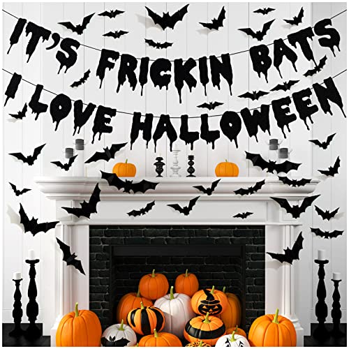 It's Frickin Bats I Love Halloween Banner Spooky Home Decor, Halloween Theme Party Decorations with 48 Pieces 3D Bats Wall Decor, Halloween Decoration Set for Home Party Fireplace Mantle Decor