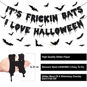 It's Frickin Bats I Love Halloween Banner Spooky Home Decor, Halloween Theme Party Decorations with 48 Pieces 3D Bats Wall Decor, Halloween Decoration Set for Home Party Fireplace Mantle Decor