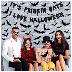 It's Frickin Bats I Love Halloween Banner Spooky Home Decor, Halloween Theme Party Decorations with 48 Pieces 3D Bats Wall Decor, Halloween Decoration Set for Home Party Fireplace Mantle Decor