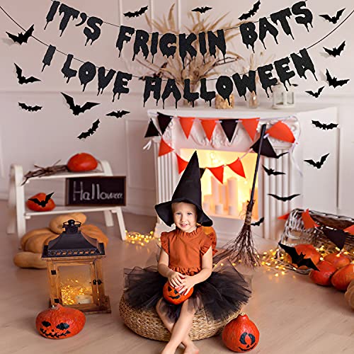 It's Frickin Bats I Love Halloween Banner Spooky Home Decor, Halloween Theme Party Decorations with 48 Pieces 3D Bats Wall Decor, Halloween Decoration Set for Home Party Fireplace Mantle Decor