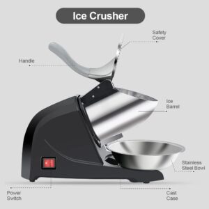 Three Blades Snow Cone Maker Ice Shaver 380W 220lbs/hr Prevent Splash Electric Stainless Steel Shaved Ice Machine Home and Commercial Ice Crushers (Black)
