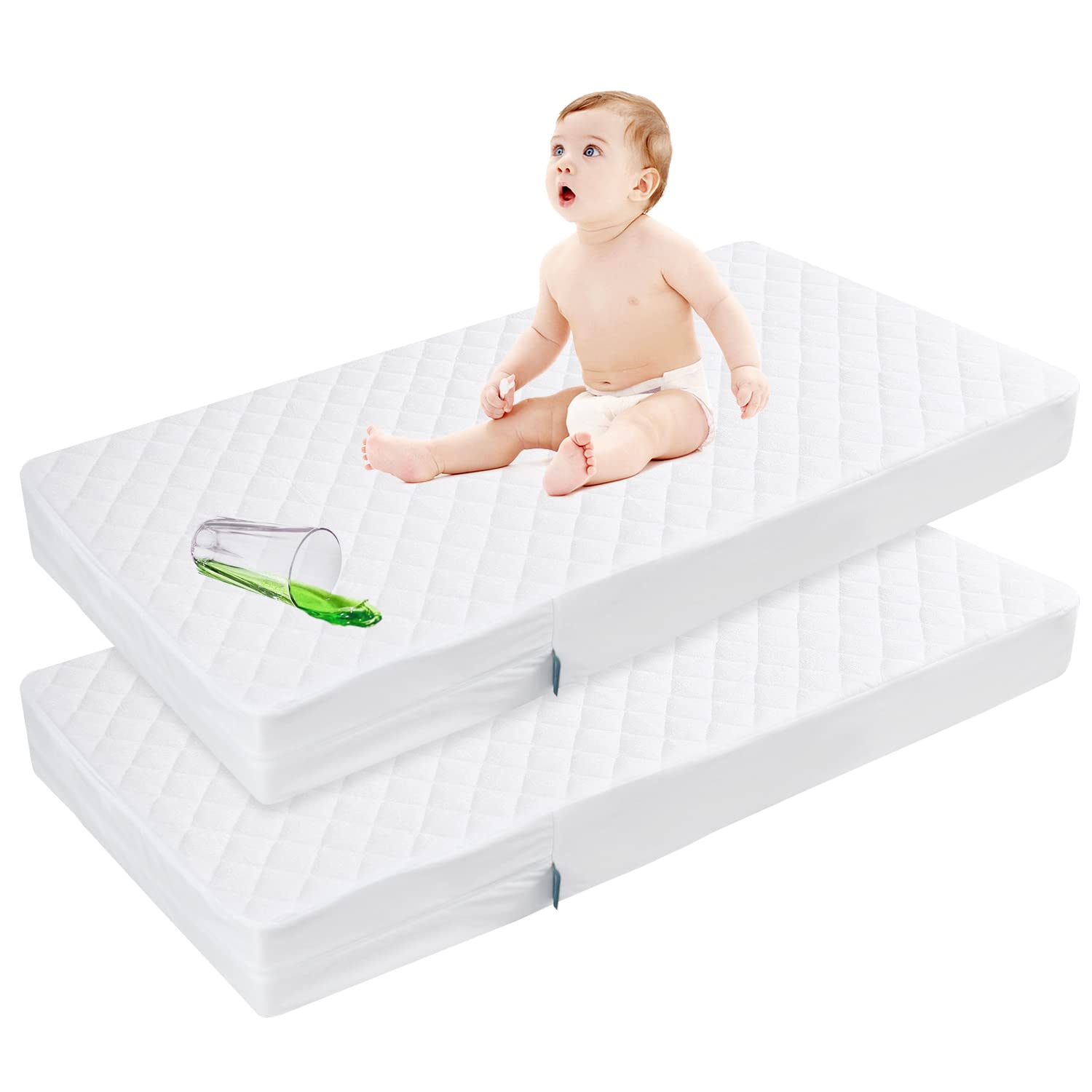 Waterproof Bamboo Viscose Quilted Crib Mattress Encasement Zippered Crib Mattress Protector, Breathable and Absorbent, 6 Sides Fully Encased Crib Mattress Cover, 2 Pack, Bamboo Viscose