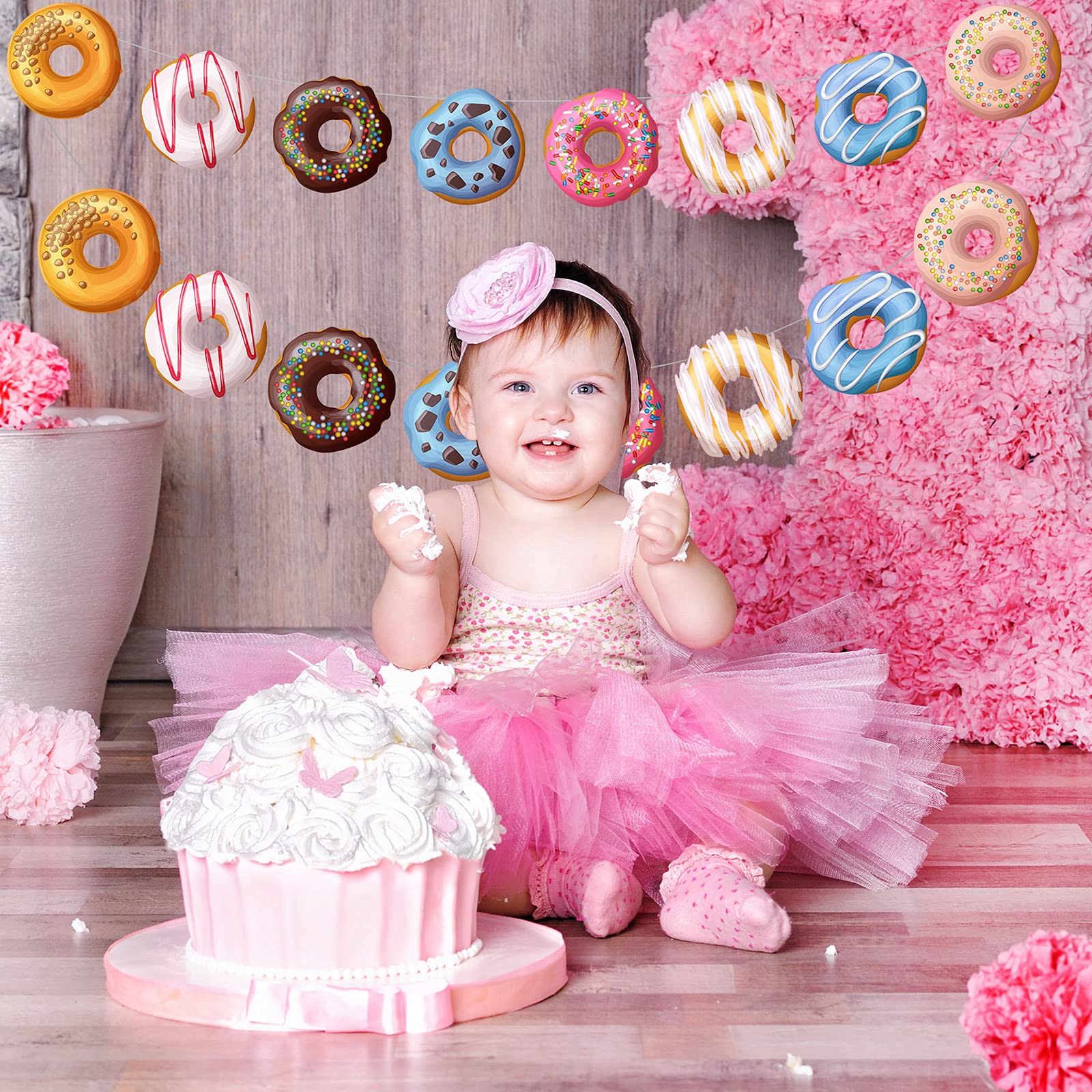 Donut Theme Party Banner 4 Pieces Donut Banner Donut Garland Donut Party Decorations for Donut Theme Birthday Party Christmas New Year Baby Shower Party Favors(Cute Style)