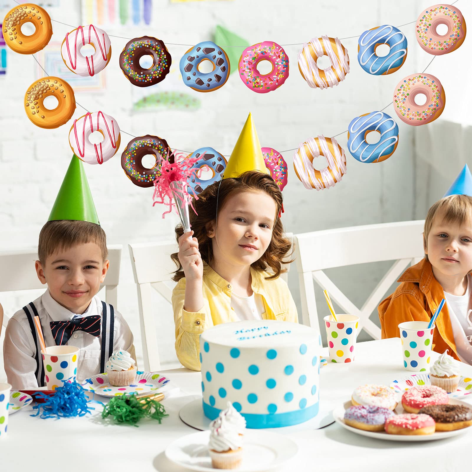 Donut Theme Party Banner 4 Pieces Donut Banner Donut Garland Donut Party Decorations for Donut Theme Birthday Party Christmas New Year Baby Shower Party Favors(Cute Style)