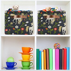 KLL Storage Bins Large Foldable Floral Pattern with Magic Unicorns Storage Basket with Leather Handles for Home Office Closet or Shelves