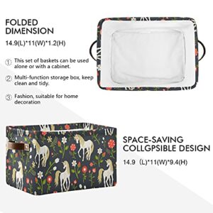 KLL Storage Bins Large Foldable Floral Pattern with Magic Unicorns Storage Basket with Leather Handles for Home Office Closet or Shelves