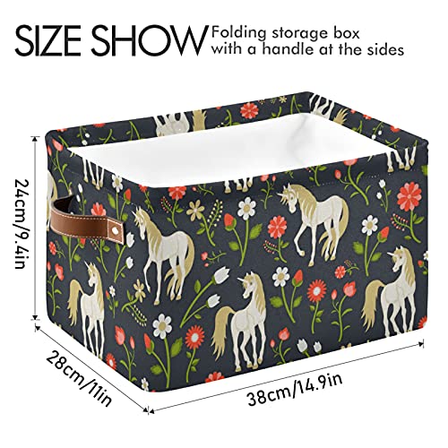 KLL Storage Bins Large Foldable Floral Pattern with Magic Unicorns Storage Basket with Leather Handles for Home Office Closet or Shelves