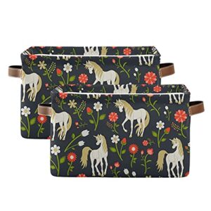 KLL Storage Bins Large Foldable Floral Pattern with Magic Unicorns Storage Basket with Leather Handles for Home Office Closet or Shelves
