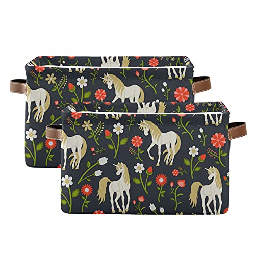 KLL Storage Bins Large Foldable Floral Pattern with Magic Unicorns Storage Basket with Leather Handles for Home Office Closet or Shelves