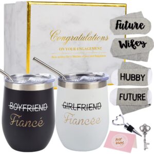 engagement gifts for couples - boyfriend and girlfriend wine tumbler set - newly engaged gift set for him and her - unique engaged party gifts idea for fiance & fiancee