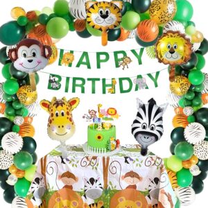 safari birthday decorations, 58pc wild jungle theme party supply animal balloon garland kit baby shower decor for boy with monkey tiger lion zebra reusable balloon happy birthday banner tablecloth