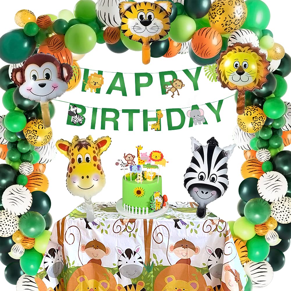 Safari Birthday Decorations, 58PC Wild Jungle Theme Party Supply Animal Balloon Garland Kit Baby Shower Decor for Boy with Monkey Tiger Lion Zebra Reusable Balloon Happy Birthday Banner Tablecloth