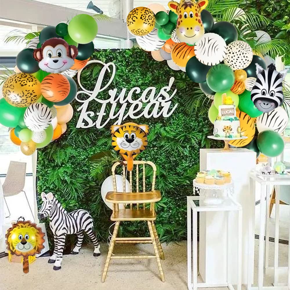 Safari Birthday Decorations, 58PC Wild Jungle Theme Party Supply Animal Balloon Garland Kit Baby Shower Decor for Boy with Monkey Tiger Lion Zebra Reusable Balloon Happy Birthday Banner Tablecloth