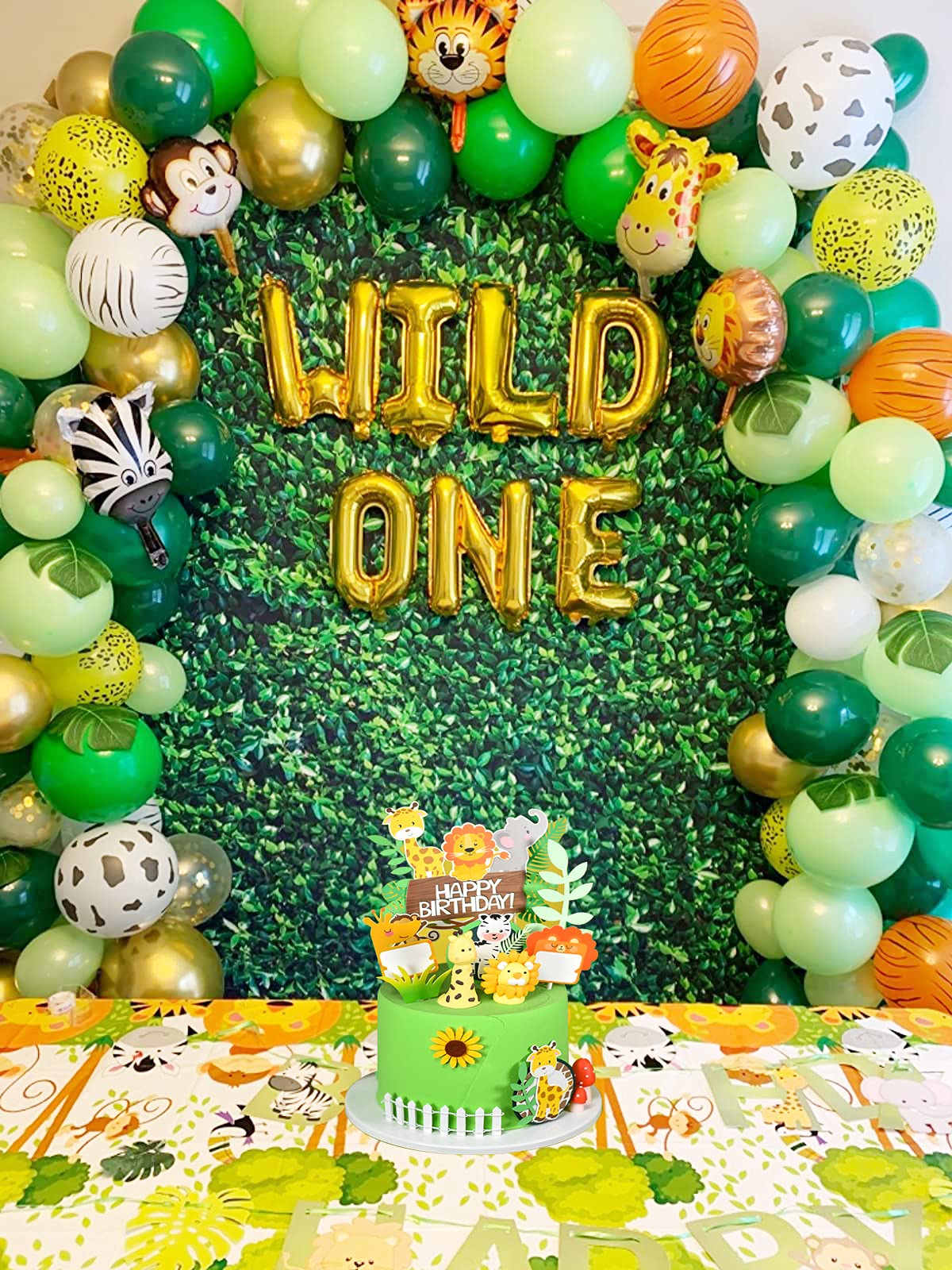 Safari Birthday Decorations, 58PC Wild Jungle Theme Party Supply Animal Balloon Garland Kit Baby Shower Decor for Boy with Monkey Tiger Lion Zebra Reusable Balloon Happy Birthday Banner Tablecloth