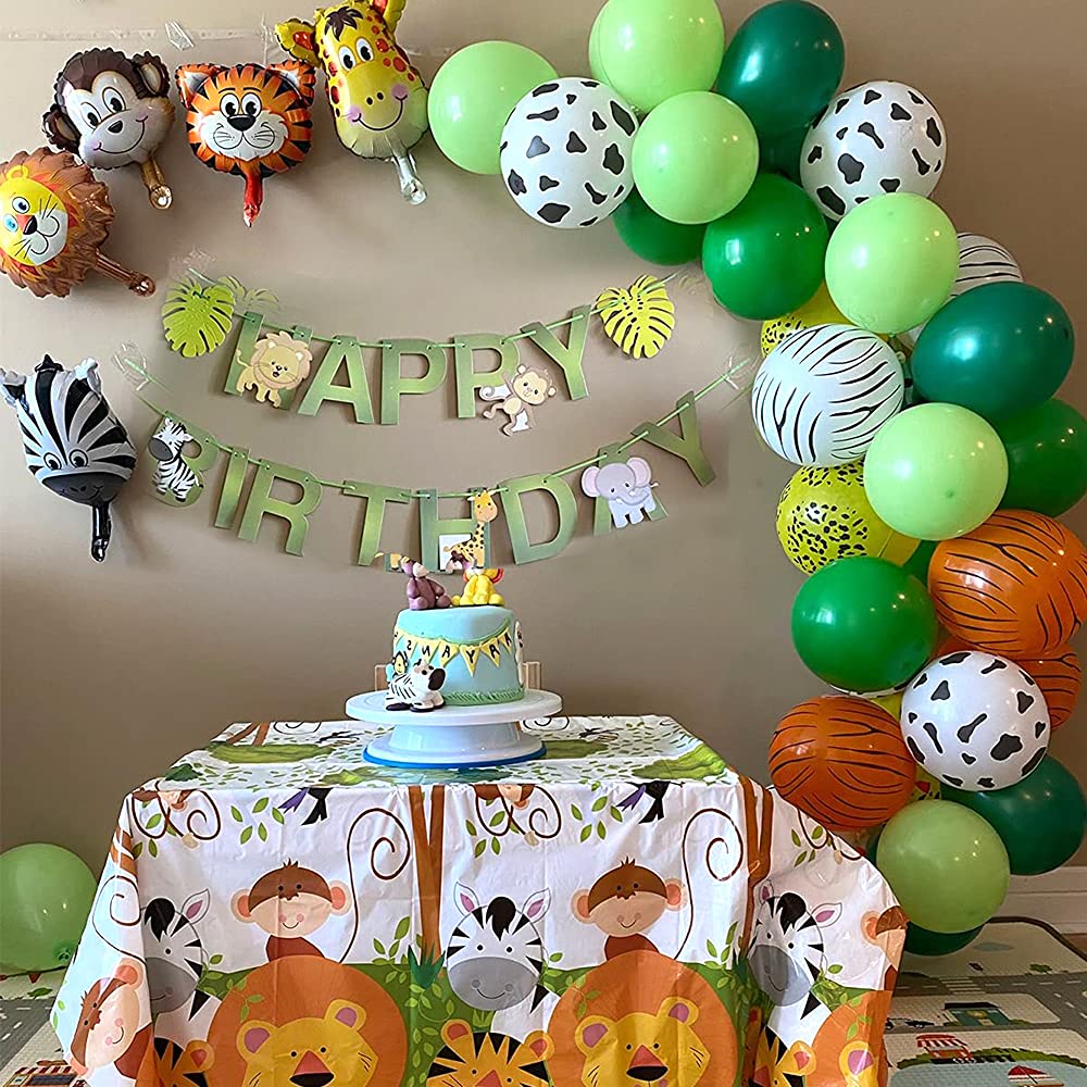 Safari Birthday Decorations, 58PC Wild Jungle Theme Party Supply Animal Balloon Garland Kit Baby Shower Decor for Boy with Monkey Tiger Lion Zebra Reusable Balloon Happy Birthday Banner Tablecloth