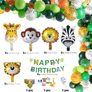 Safari Birthday Decorations, 58PC Wild Jungle Theme Party Supply Animal Balloon Garland Kit Baby Shower Decor for Boy with Monkey Tiger Lion Zebra Reusable Balloon Happy Birthday Banner Tablecloth