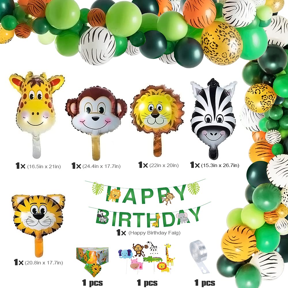 Safari Birthday Decorations, 58PC Wild Jungle Theme Party Supply Animal Balloon Garland Kit Baby Shower Decor for Boy with Monkey Tiger Lion Zebra Reusable Balloon Happy Birthday Banner Tablecloth