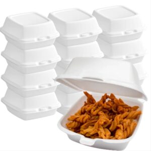 mr. miracle foam containers 6x6, disposable clamshell styrafoam containers for food - hinged lid, 50 count, restaurant to go trays, lunch container with recessed lid for stable stack