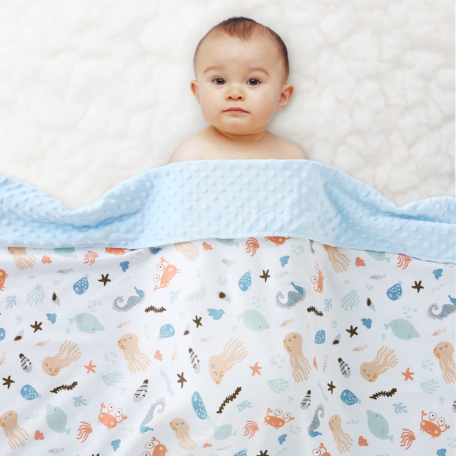 POSENPRO Baby Blanket for Boys Girls, Soft Plush Minky Baby Blanket with Dotted Backing, Lovely Ocean Animals Double Layer Toddler Receiving Blanket Throw for Stroller & Crib, 30 x 40 Inches