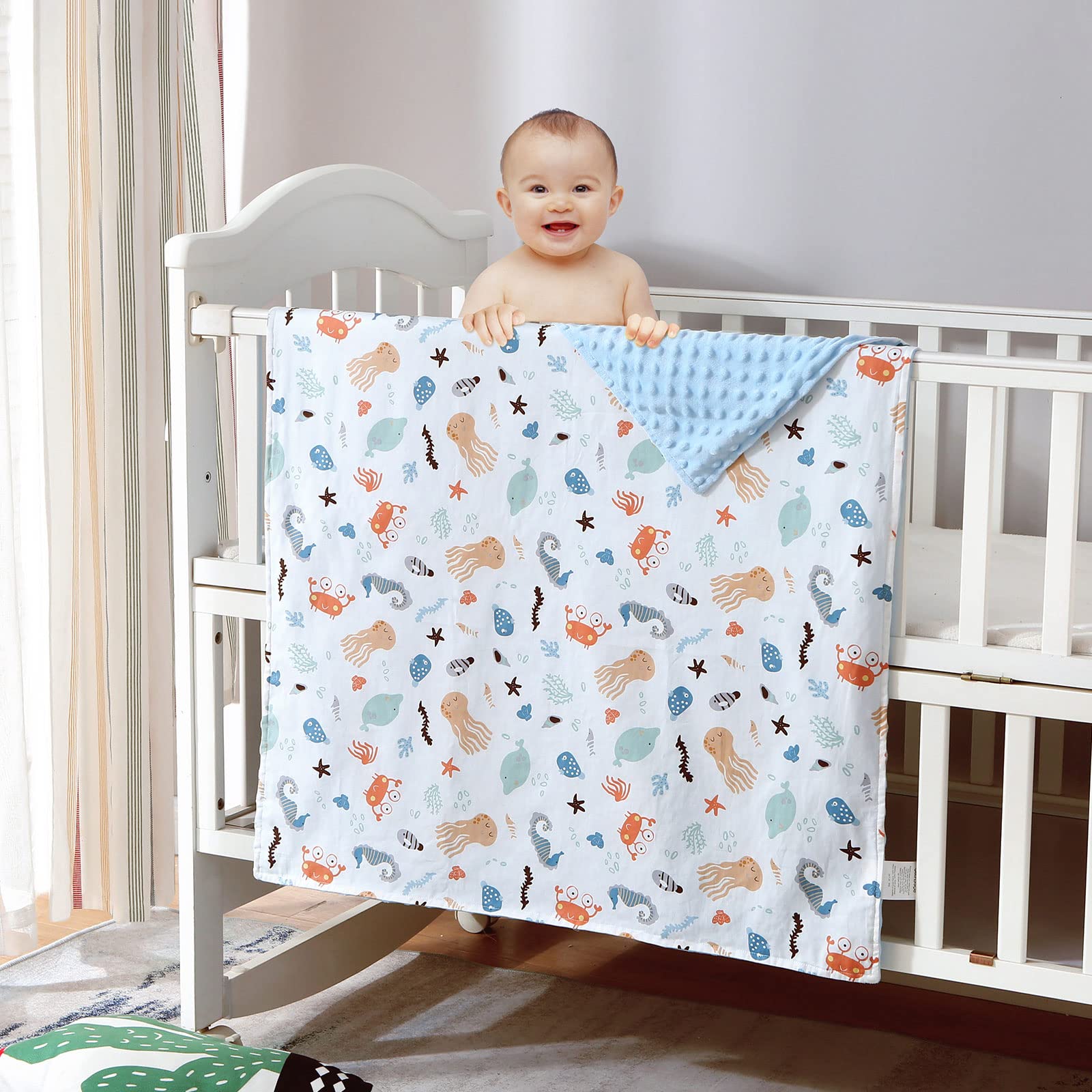 POSENPRO Baby Blanket for Boys Girls, Soft Plush Minky Baby Blanket with Dotted Backing, Lovely Ocean Animals Double Layer Toddler Receiving Blanket Throw for Stroller & Crib, 30 x 40 Inches