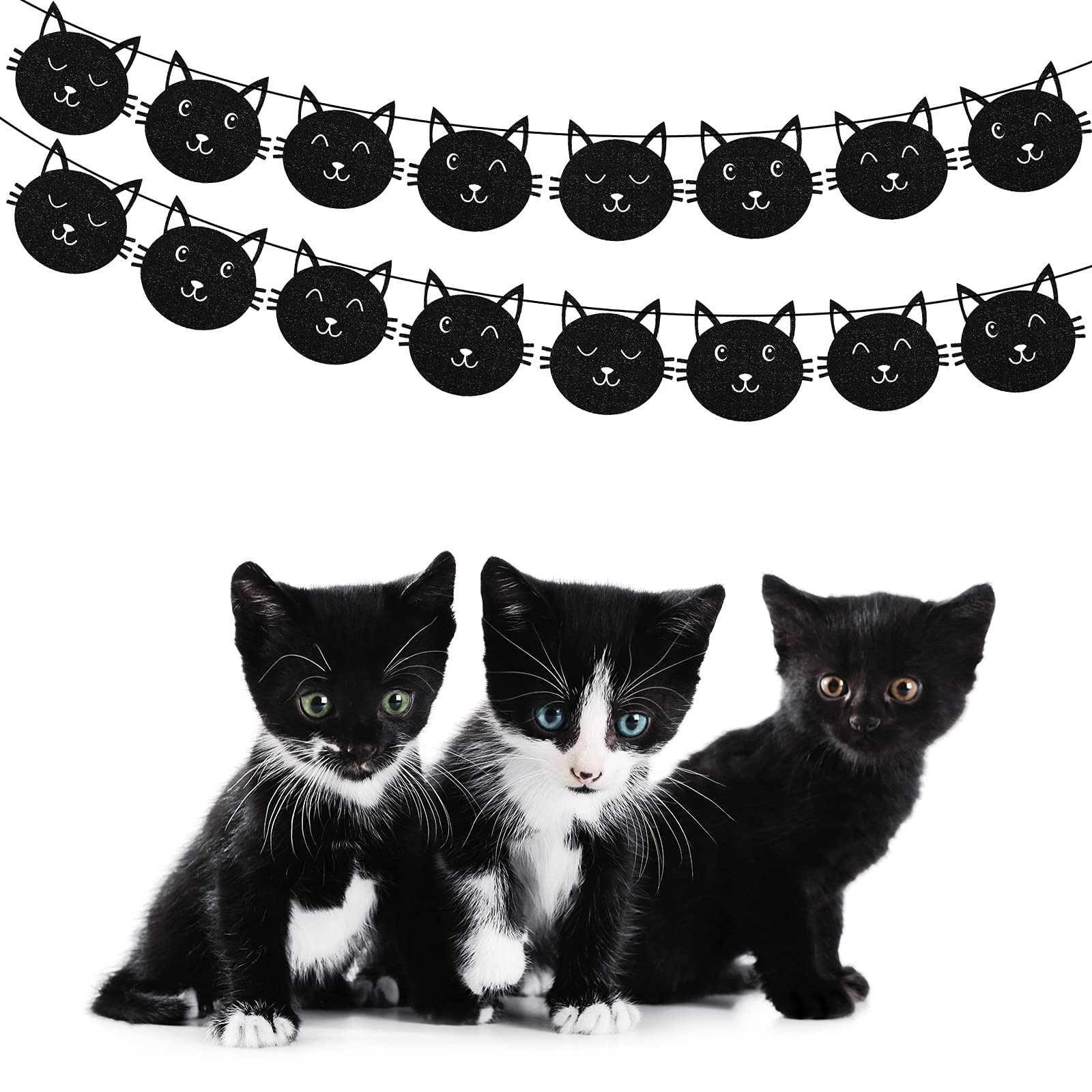 32 Pieces Black Cat Birthday Party Decoration Meow Banner Black Glitter Kitty Garland for Boys Girls Cat Meow Birthday Party Supplies