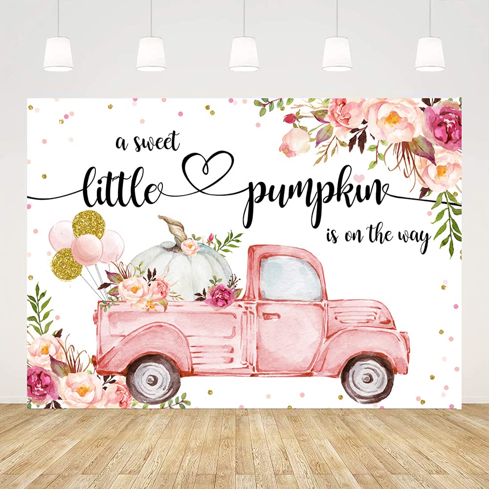 Ticuenicoa 7x5ft A Little Sweet Pumpkin is On The Way Photography Backdrop for Baby Shower Pink Floral Truck It's a Girl Backdrops Fall Autumn Halloween Babyshower Party Decor Gender Reveal Banner