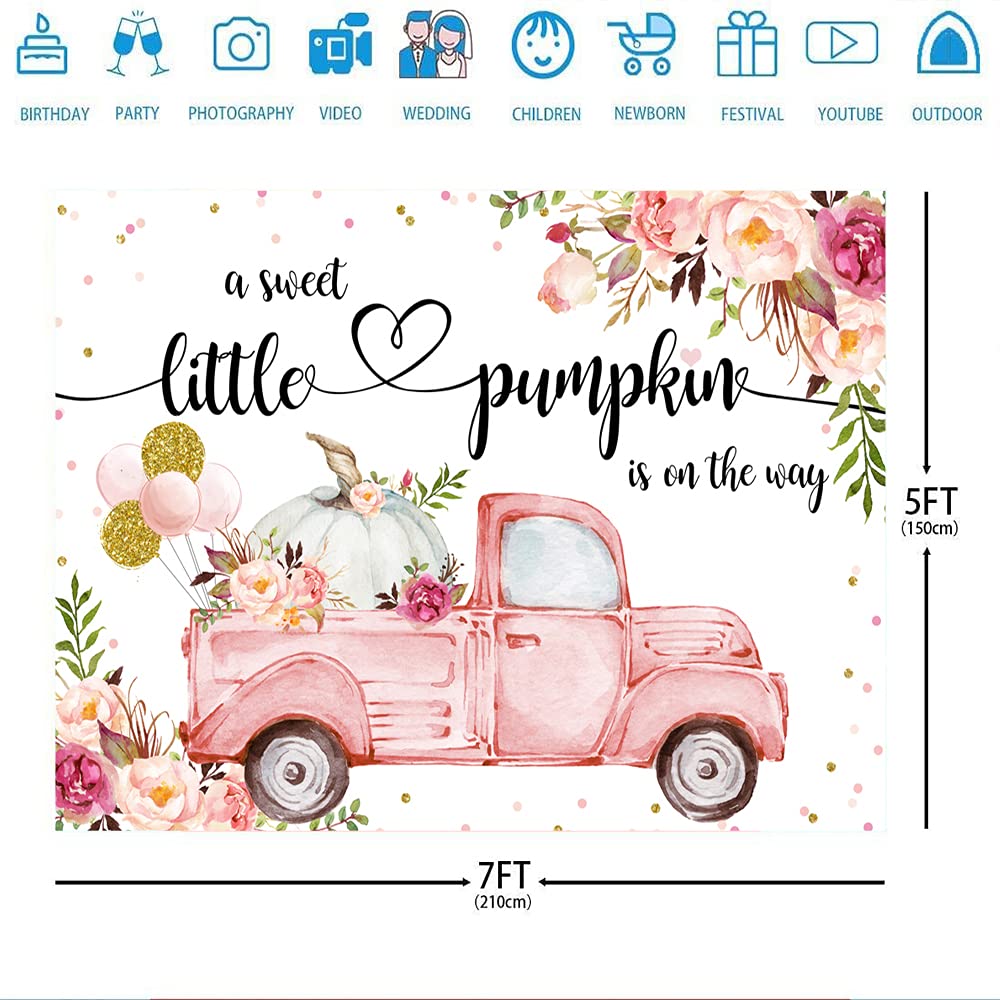 Ticuenicoa 7x5ft A Little Sweet Pumpkin is On The Way Photography Backdrop for Baby Shower Pink Floral Truck It's a Girl Backdrops Fall Autumn Halloween Babyshower Party Decor Gender Reveal Banner