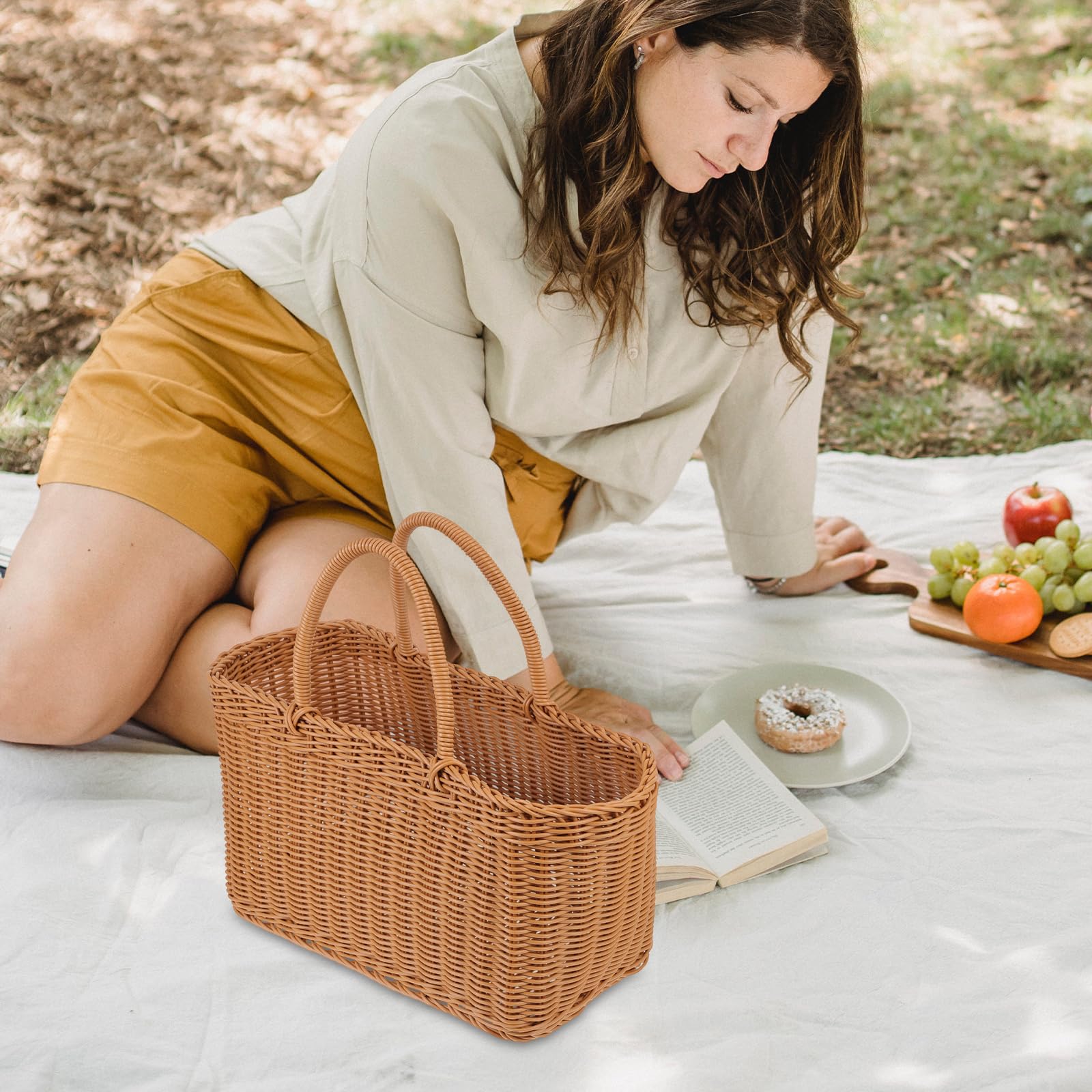 Garneck Wicker Market Basket Bag, Big Wicker Storage Basket for Beach, Laundry, Toy, Blanket, Storage, Baby, or Picnic