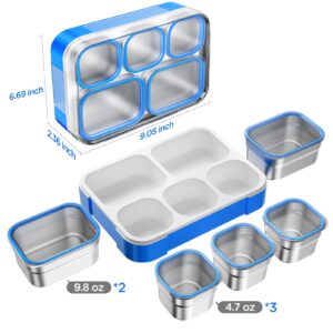 Lunch Box Stainless Steel Bento for Kids Adults Leakproof BPA-Free with Lunch Bag Metal Lunch Containers Tray 5-Compartment with Fork for Boy Food Snack Containers for School Outdoors Navy-Blue