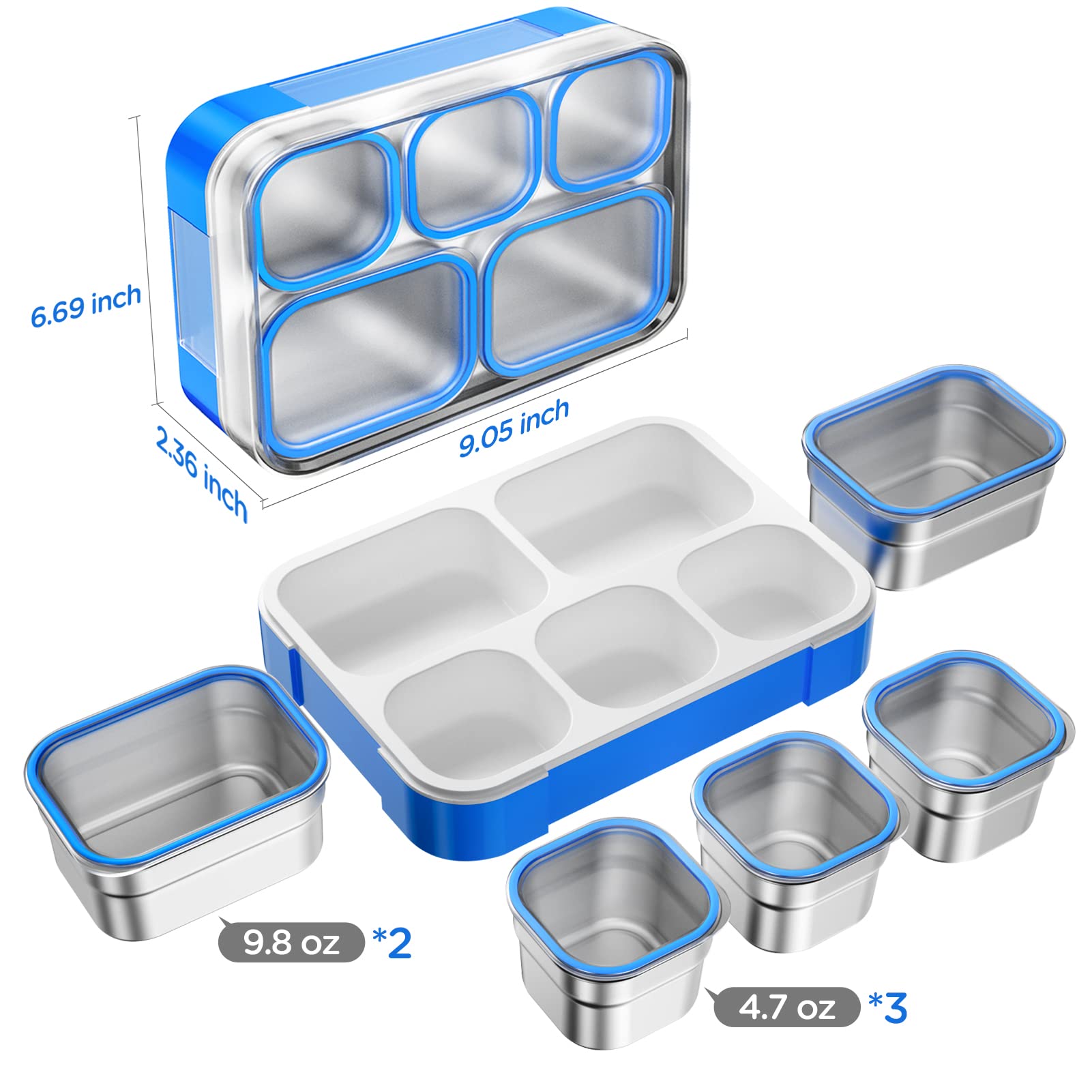 Lunch Box Stainless Steel Bento for Kids Adults Leakproof BPA-Free with Lunch Bag Metal Lunch Containers Tray 5-Compartment with Fork for Boy Food Snack Containers for School Outdoors Navy-Blue