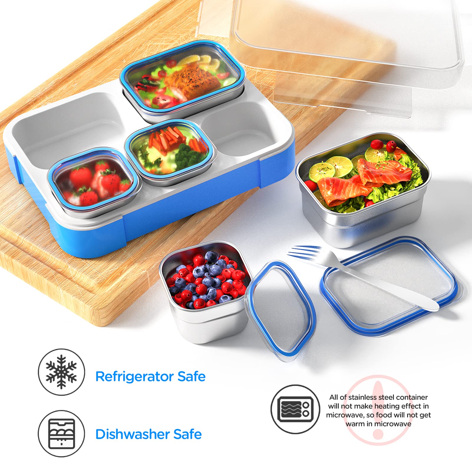 Lunch Box Stainless Steel Bento for Kids Adults Leakproof BPA-Free with Lunch Bag Metal Lunch Containers Tray 5-Compartment with Fork for Boy Food Snack Containers for School Outdoors Navy-Blue