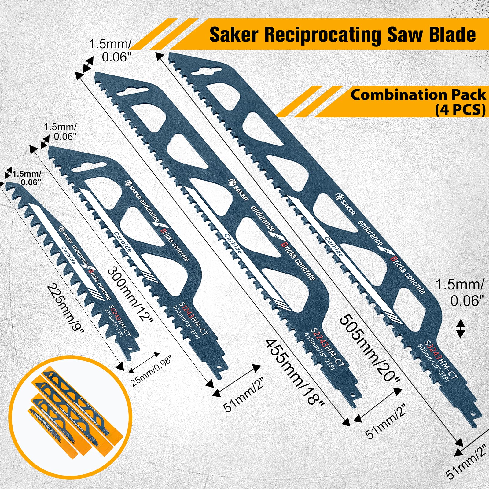 Saker Saw Blade-Demolition Masonry Reciprocating Hard Alloy Saw Blades for Cutting Wood,Porous Concrete,Brick Combination Pack(4 PCS)