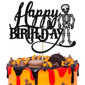 black glitter skeleton happy birthday cake topper, skull spooky birthday party décor, halloween theme birthday party decoration supplies