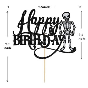 Black Glitter Skeleton Happy Birthday Cake Topper, Skull Spooky Birthday Party Décor, Halloween Theme Birthday Party Decoration Supplies