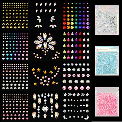 12 Sheets Face Jewels Rhinestones Crystal Stickers+15g Chunky and Fine Mix Glitter, Eye Face Body Rave Outfits Clothes Gifts for Women, Mermaid Gems Rave Festival Accessories, Makeup