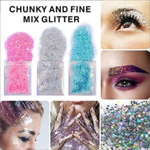 12 Sheets Face Jewels Rhinestones Crystal Stickers+15g Chunky and Fine Mix Glitter, Eye Face Body Rave Outfits Clothes Gifts for Women, Mermaid Gems Rave Festival Accessories, Makeup