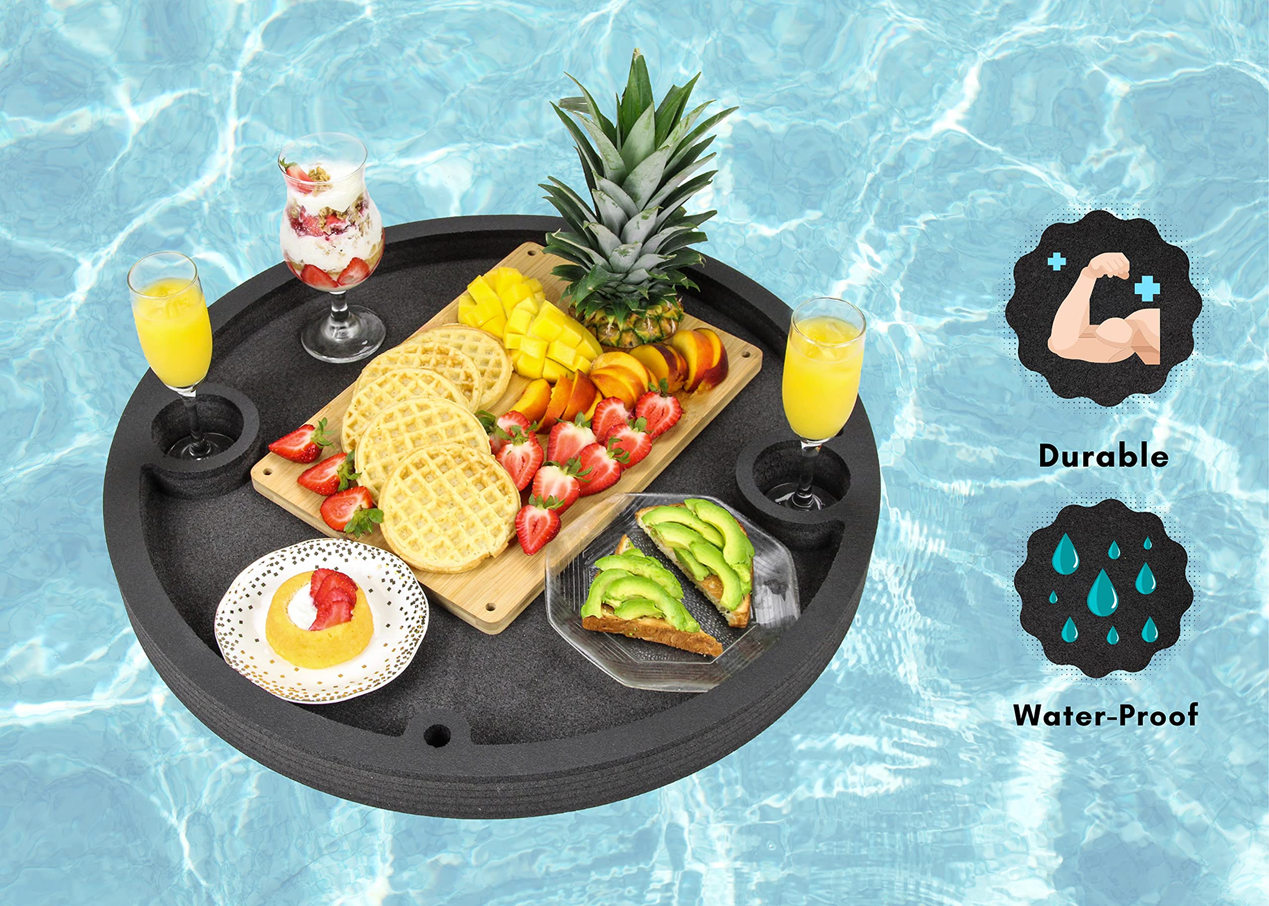 Polar Whale Floating Breakfast Table Serving Buffet Round Tray Drink Holders for Swimming Pool or Beach Party Float Lounge Refreshment Durable Black Foam UV Resistant with Cup Holders 24 Inches Wide