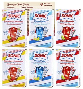 sonic singles to go variety pack of 6-2 boxes each - cherry limeade, strawberry lemonade and ocean water - bundle with ballard products hard candy recipe card