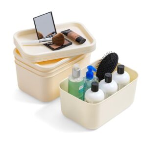 iris usa plastic modular basket bin & lid, small, 4-pack, stackable lidded storage organizer bins for-kitchen-bathroom and bedroom, off white