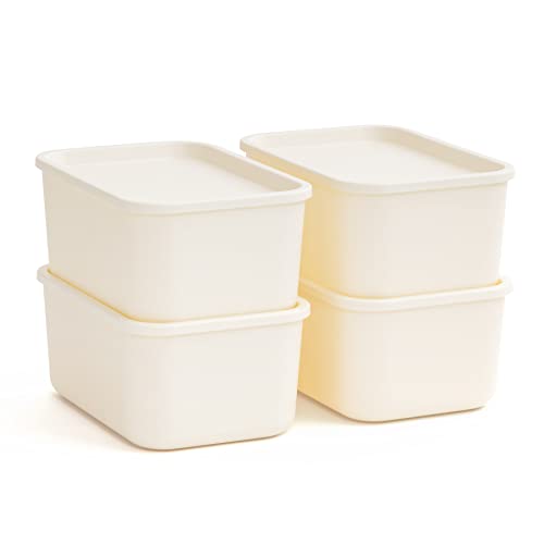 IRIS USA Plastic Modular Basket Bin & Lid, Small, 4-Pack, Stackable Lidded Storage Organizer Bins for-Kitchen-Bathroom and Bedroom, OFF White