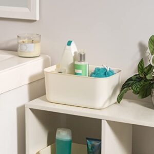 IRIS USA Plastic Modular Basket Bin & Lid, Small, 4-Pack, Stackable Lidded Storage Organizer Bins for-Kitchen-Bathroom and Bedroom, OFF White
