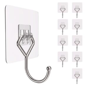 homstan large adhesive hooks 44ib(max), wall hooks self-adhesive traceless clear and removable, waterproof and rustproof hooks for hanging for home bathroom kitchen office and outdoor, 10-pack