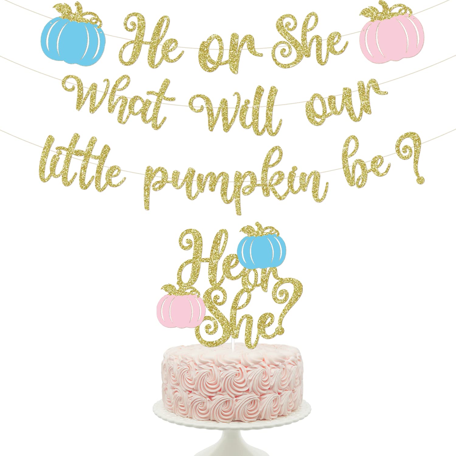 Pumpkin Gender Reveal Decorations Fall Gender Reveal Decorations He or She What Will Our Little Pumpkin Be Banner He or She Cake Topper He or She Fall Baby Gender Reveal Party Supplies