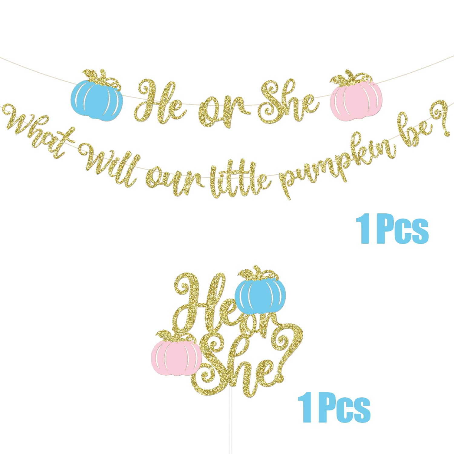 Pumpkin Gender Reveal Decorations Fall Gender Reveal Decorations He or She What Will Our Little Pumpkin Be Banner He or She Cake Topper He or She Fall Baby Gender Reveal Party Supplies