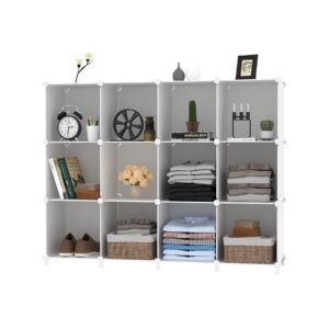 AWTATOS Cube Storage Organizer Modular Storage 12 Cube Bookshelf DIY Plastic Closet Clothes Storage Shelves with Wooden Mallet, Stackable Storage Solution for Home, Office, Bedroom, White